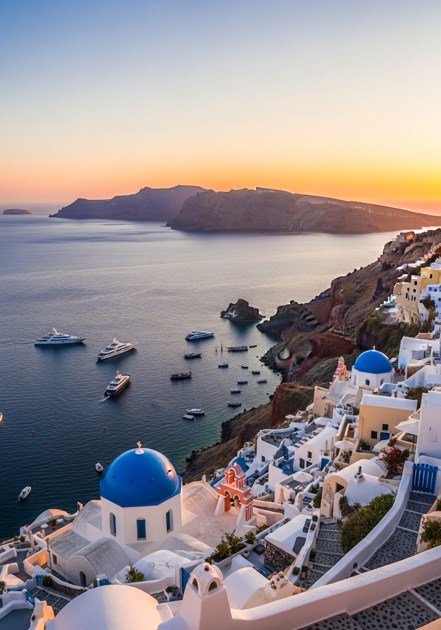 Clifftop Santorini village at sunset overlooking the caldera and luxury yachts